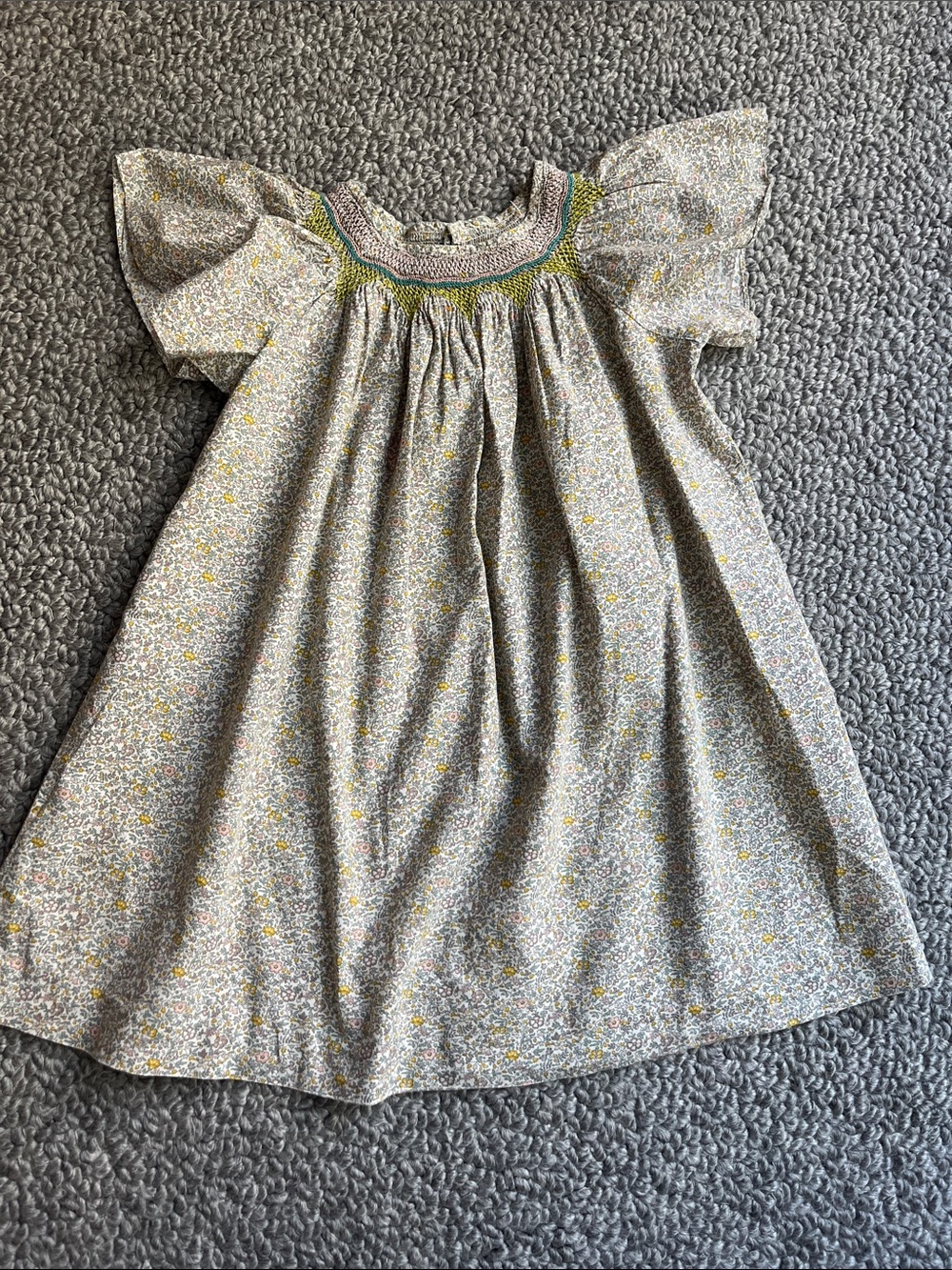 Bonpoint Cream Floral Smocked Dress with Green Trim